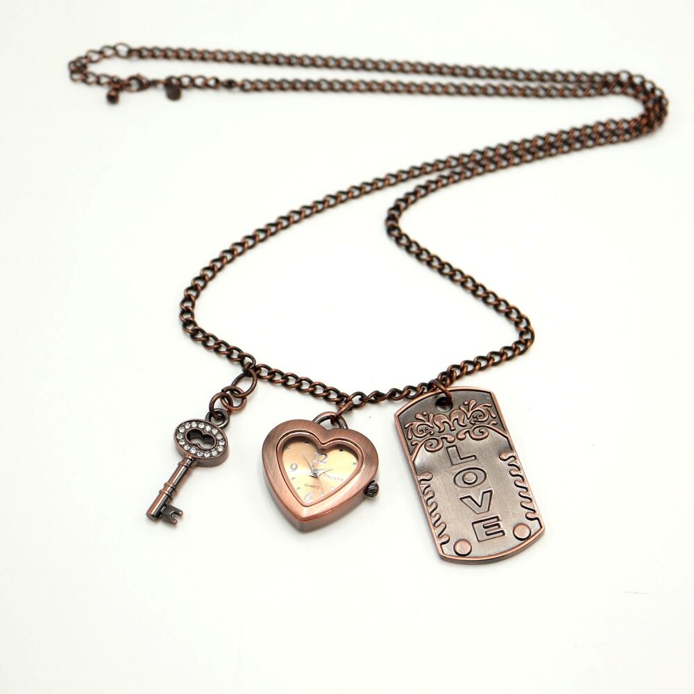 Decree Womens Bronze Tone Key Dog Tag Love Heart Pendant Watch w New Battery